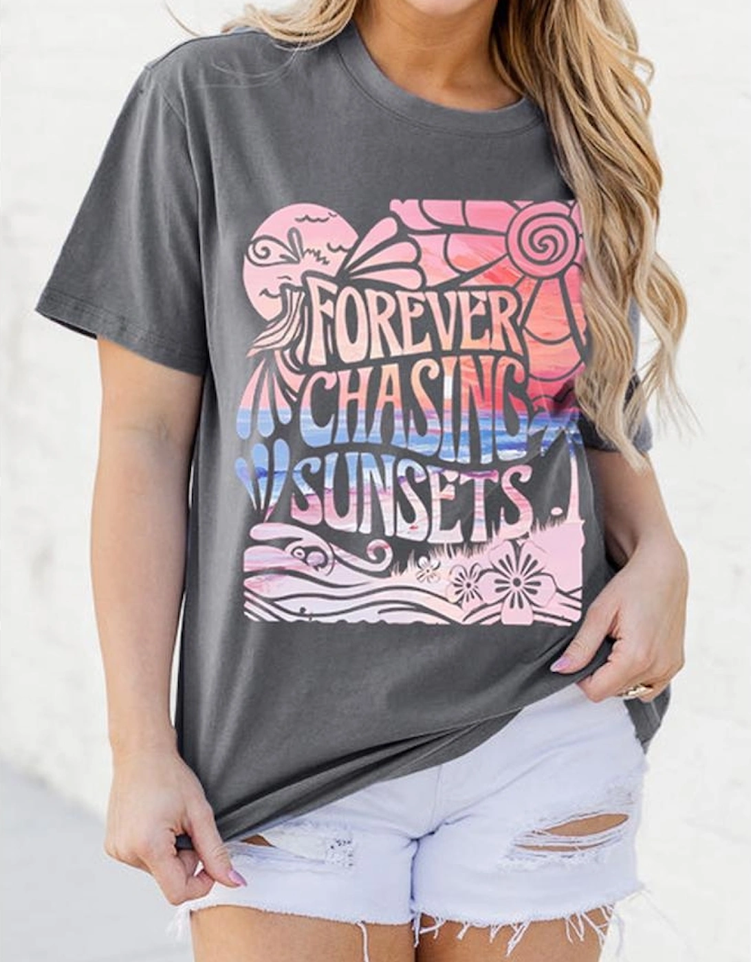 Gray FOREVER CHASING SUNSETS Graphic Summer T Shirt