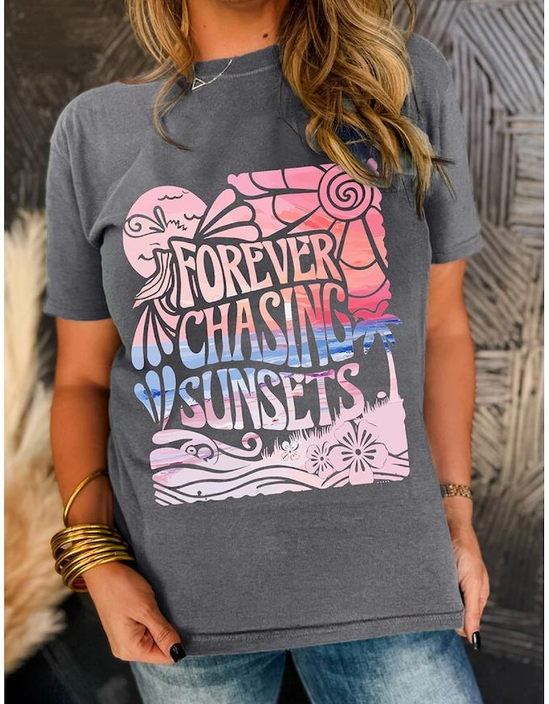 Gray FOREVER CHASING SUNSETS Graphic Summer T Shirt