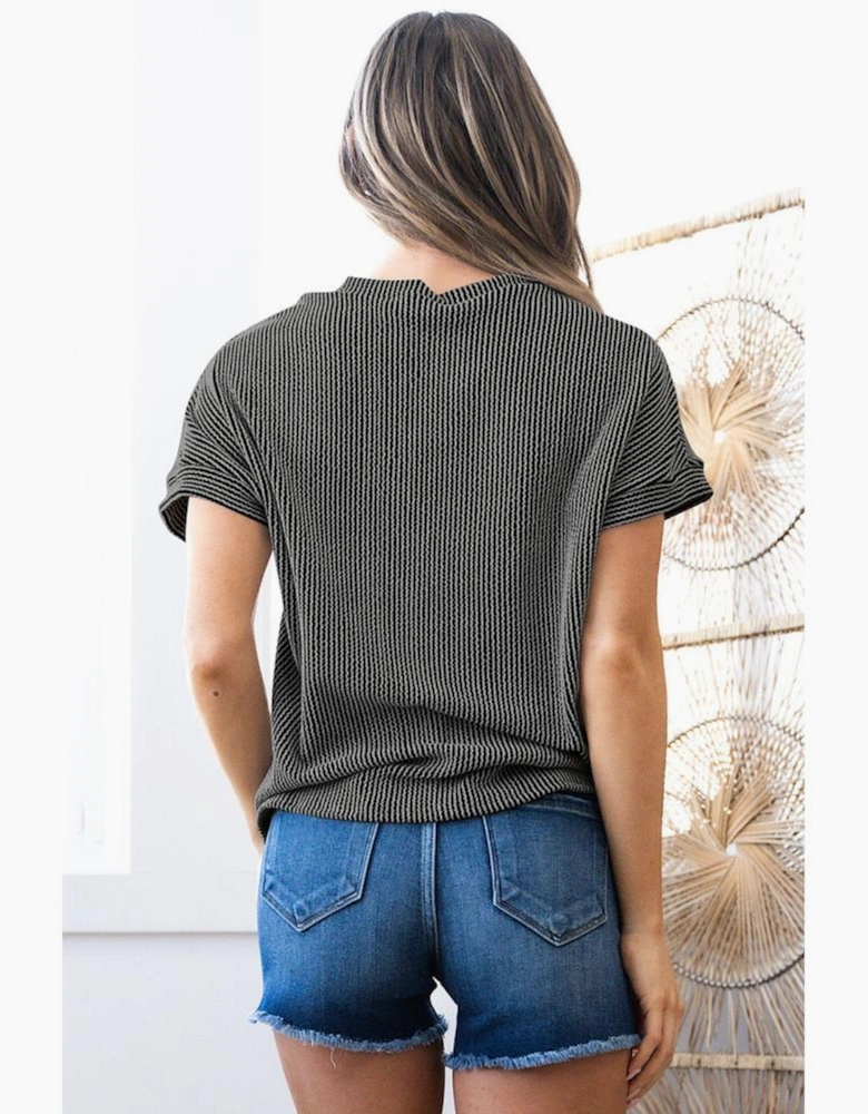 Carbon Grey Corded Knit Color Block Pocketed Crew Neck T Shirt