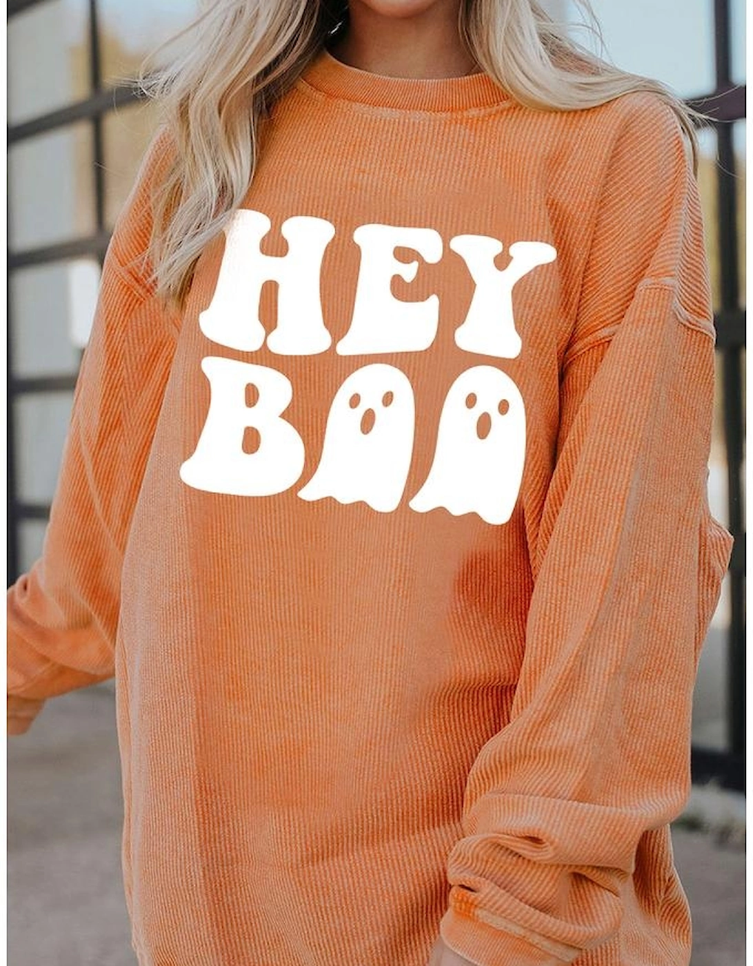 Orange Halloween Hey Boo Ghost Print Loose Sweatshirt