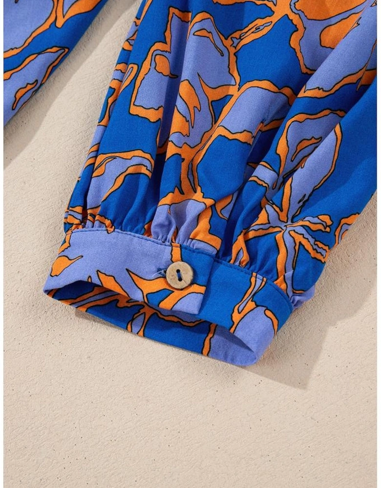 Blue Floral Print Batwing Sleeve Buttoned Loose Fit Shirt