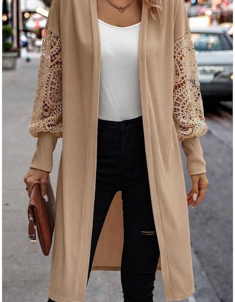 Parchment Lace Patchwork Ribbed Knit Open Front Duster Cardigan