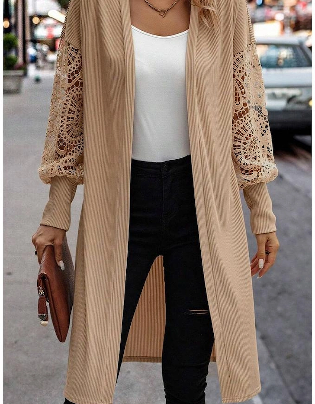 Parchment Lace Patchwork Ribbed Knit Open Front Duster Cardigan