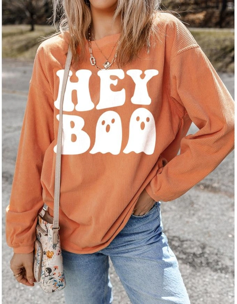 Orange Halloween Hey Boo Ghost Print Loose Sweatshirt
