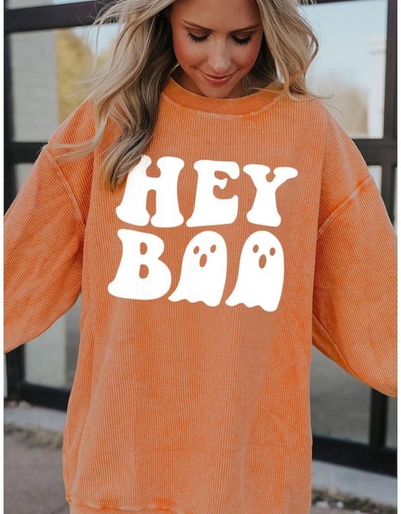 Orange Halloween Hey Boo Ghost Print Loose Sweatshirt