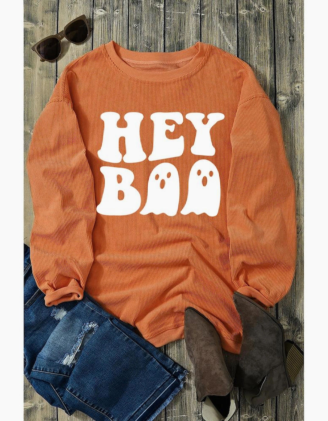 Orange Halloween Hey Boo Ghost Print Loose Sweatshirt