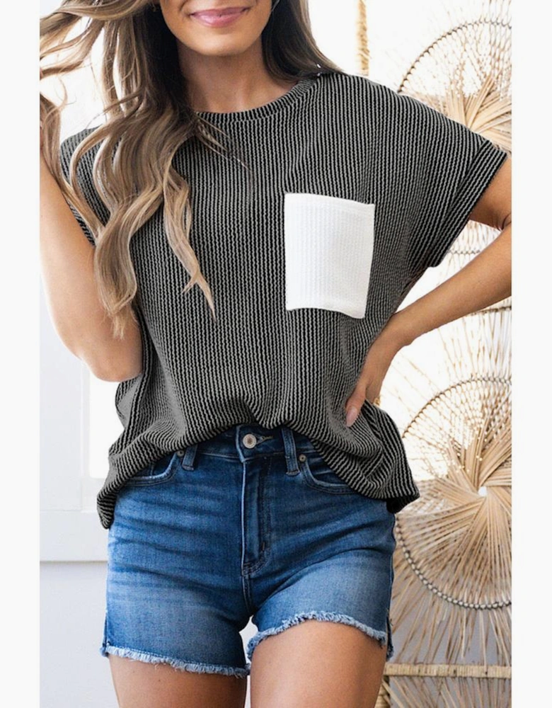 Carbon Grey Corded Knit Color Block Pocketed Crew Neck T Shirt