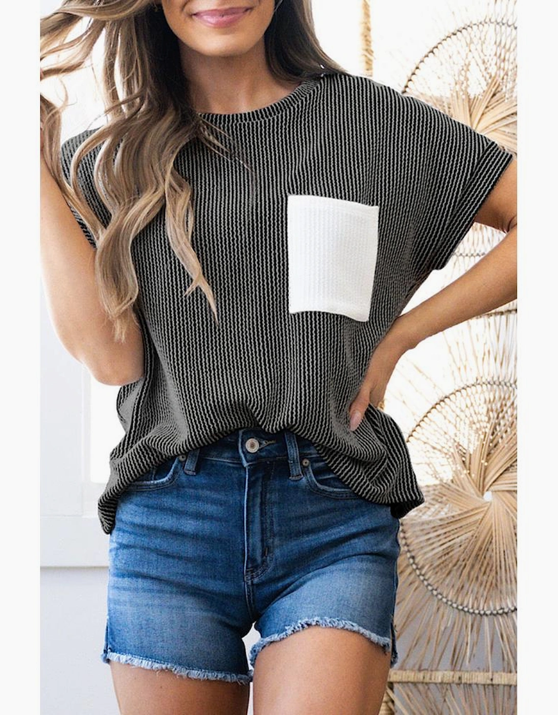 Carbon Grey Corded Knit Color Block Pocketed Crew Neck T Shirt