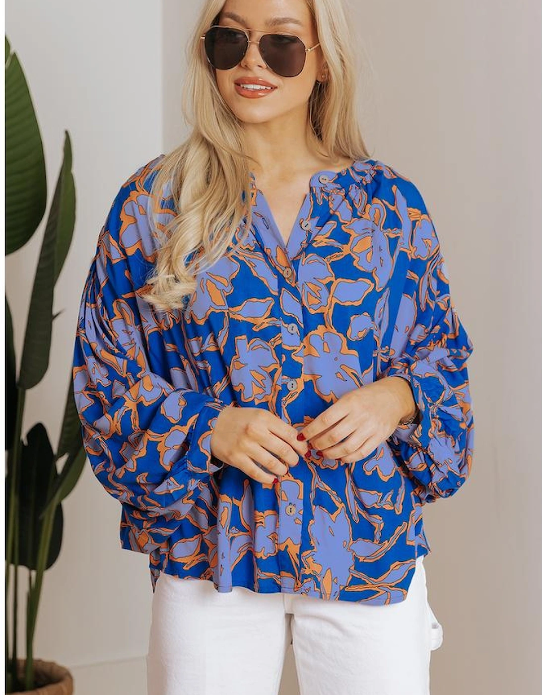 Blue Floral Print Batwing Sleeve Buttoned Loose Fit Shirt