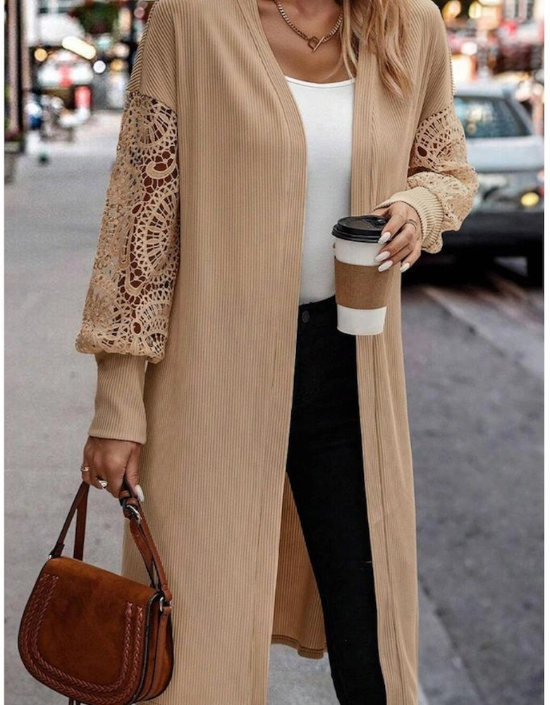 Parchment Lace Patchwork Ribbed Knit Open Front Duster Cardigan