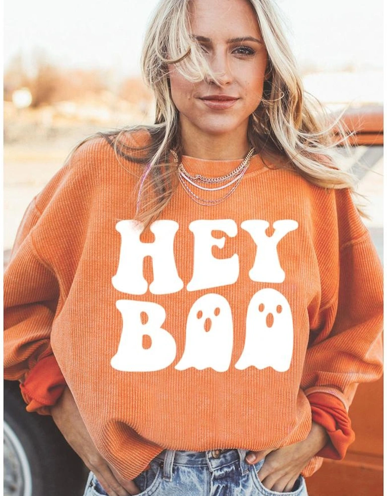 Orange Halloween Hey Boo Ghost Print Loose Sweatshirt