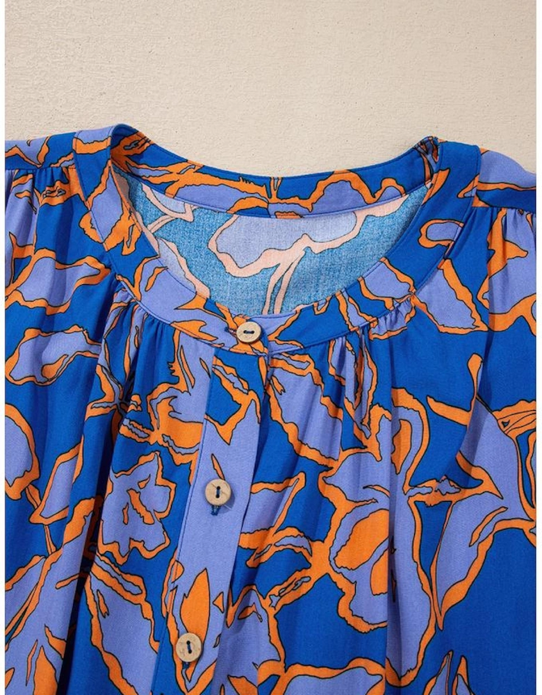 Blue Floral Print Batwing Sleeve Buttoned Loose Fit Shirt