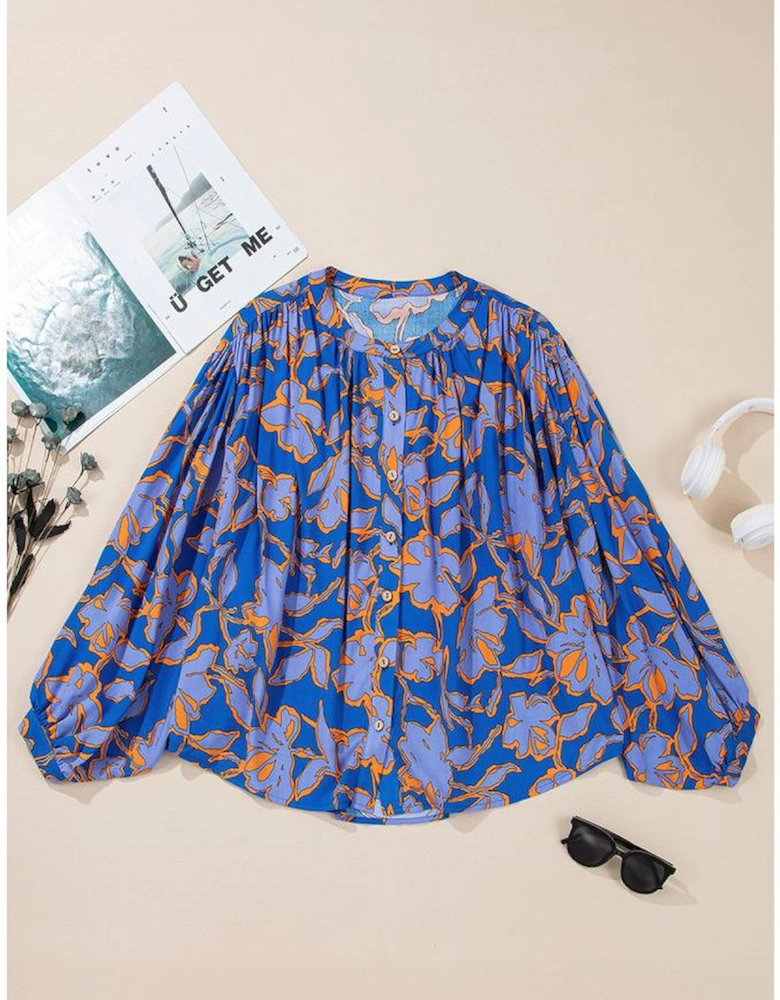 Blue Floral Print Batwing Sleeve Buttoned Loose Fit Shirt