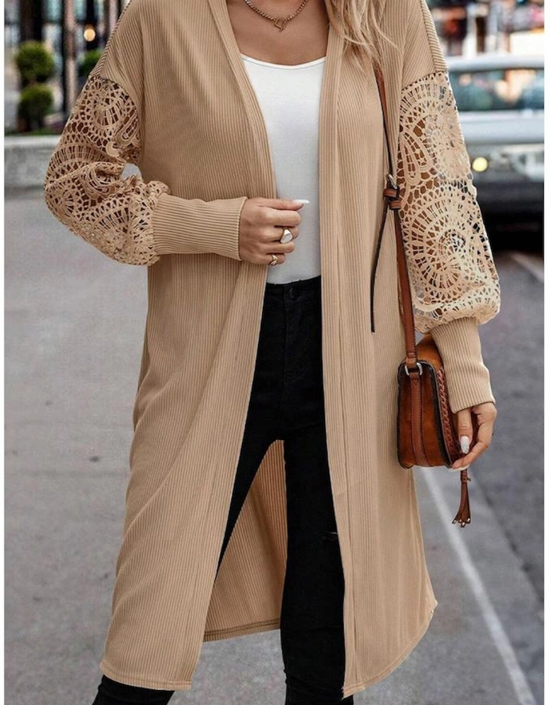 Parchment Lace Patchwork Ribbed Knit Open Front Duster Cardigan