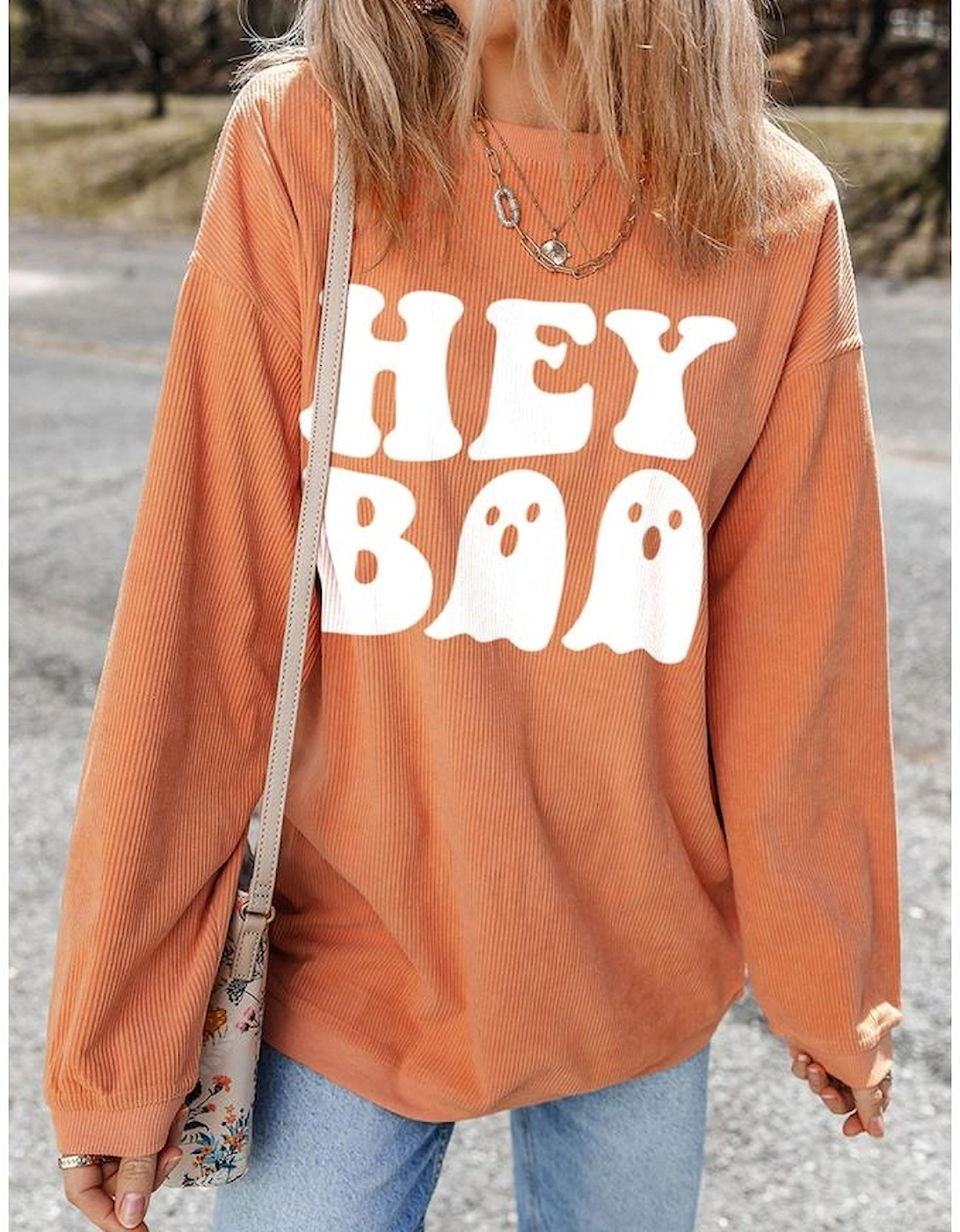 Orange Halloween Hey Boo Ghost Print Loose Sweatshirt