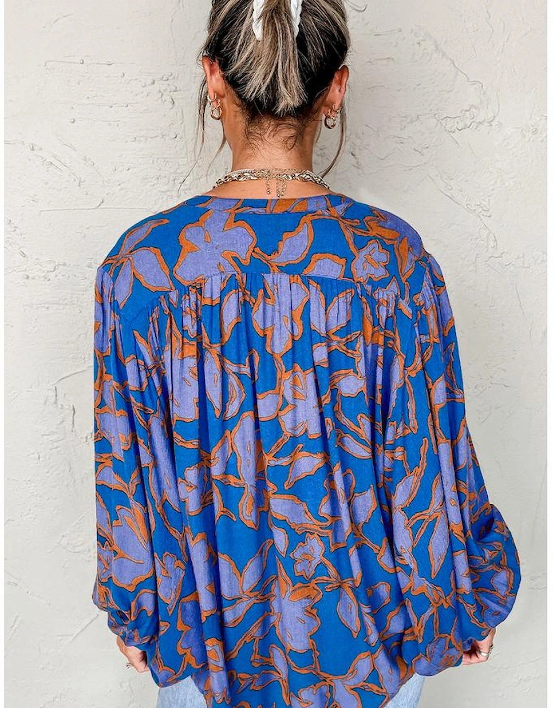 Blue Floral Print Batwing Sleeve Buttoned Loose Fit Shirt