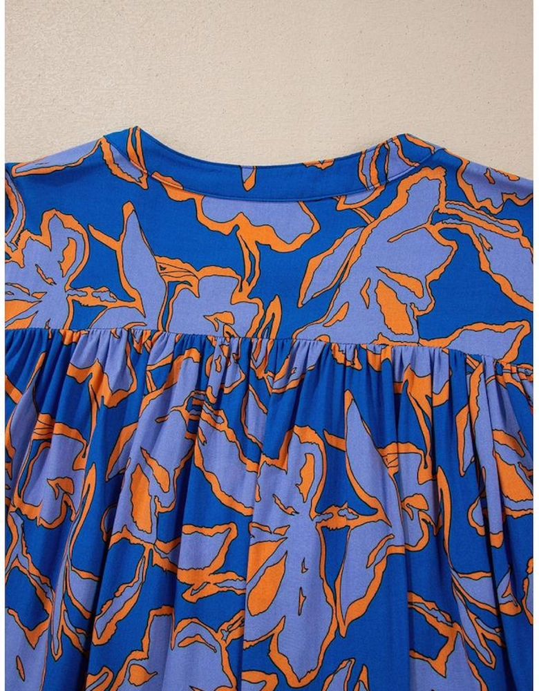 Blue Floral Print Batwing Sleeve Buttoned Loose Fit Shirt