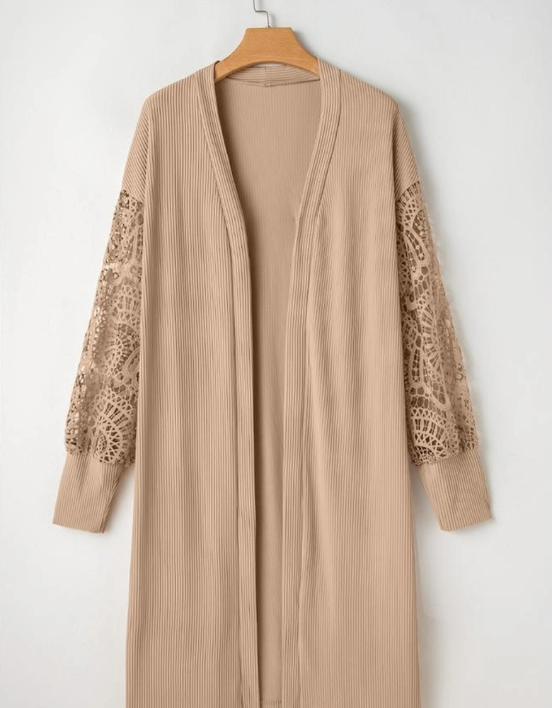Parchment Lace Patchwork Ribbed Knit Open Front Duster Cardigan