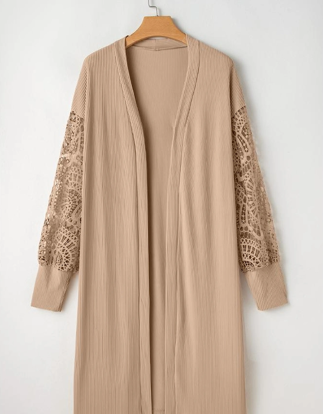 Parchment Lace Patchwork Ribbed Knit Open Front Duster Cardigan