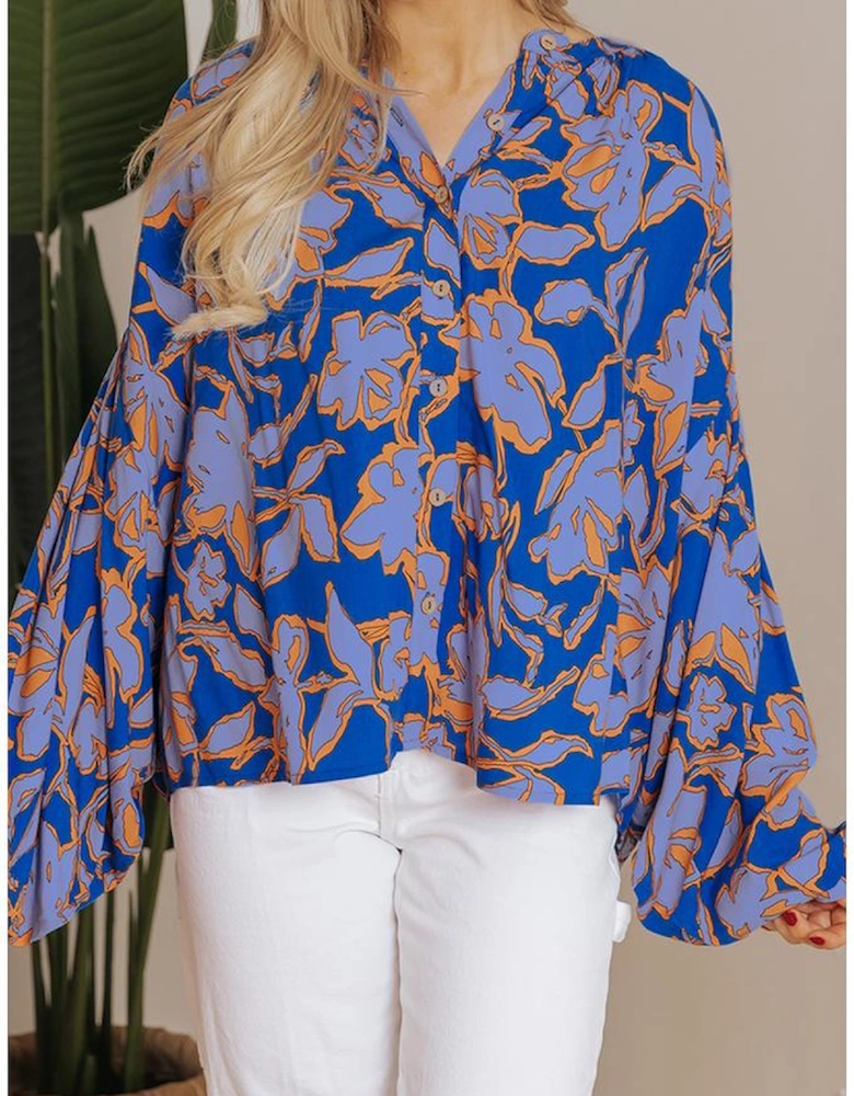 Blue Floral Print Batwing Sleeve Buttoned Loose Fit Shirt