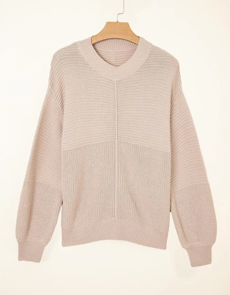 Parchment Mixed Texture Patchwork Knitted Puff Sleeve Sweater