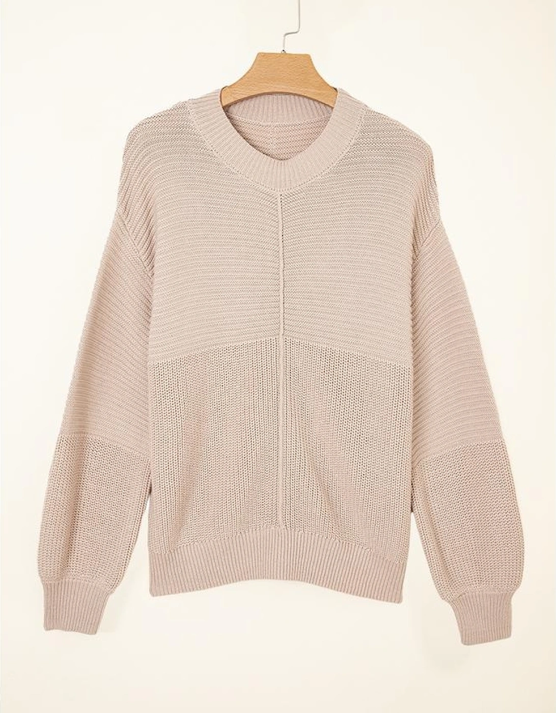 Parchment Mixed Texture Patchwork Knitted Puff Sleeve Sweater