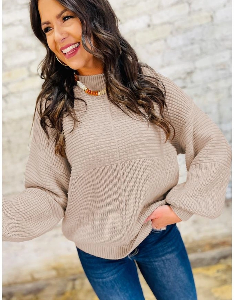 Parchment Mixed Texture Patchwork Knitted Puff Sleeve Sweater