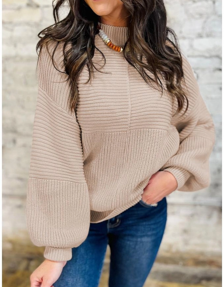 Parchment Mixed Texture Patchwork Knitted Puff Sleeve Sweater