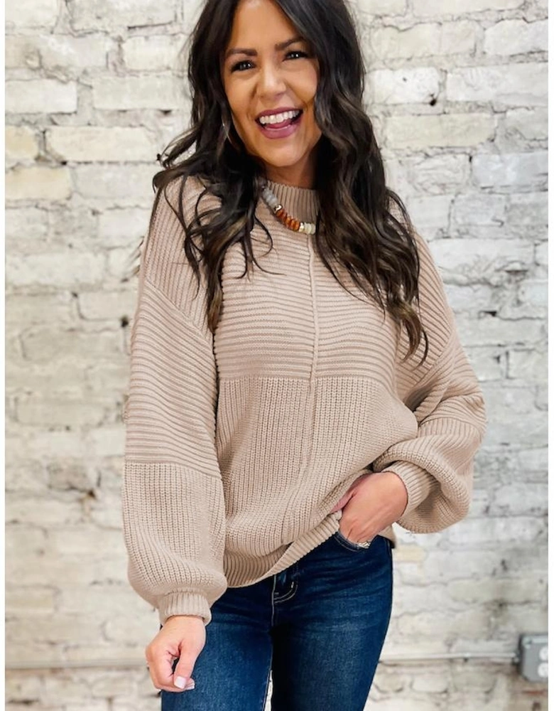 Parchment Mixed Texture Patchwork Knitted Puff Sleeve Sweater