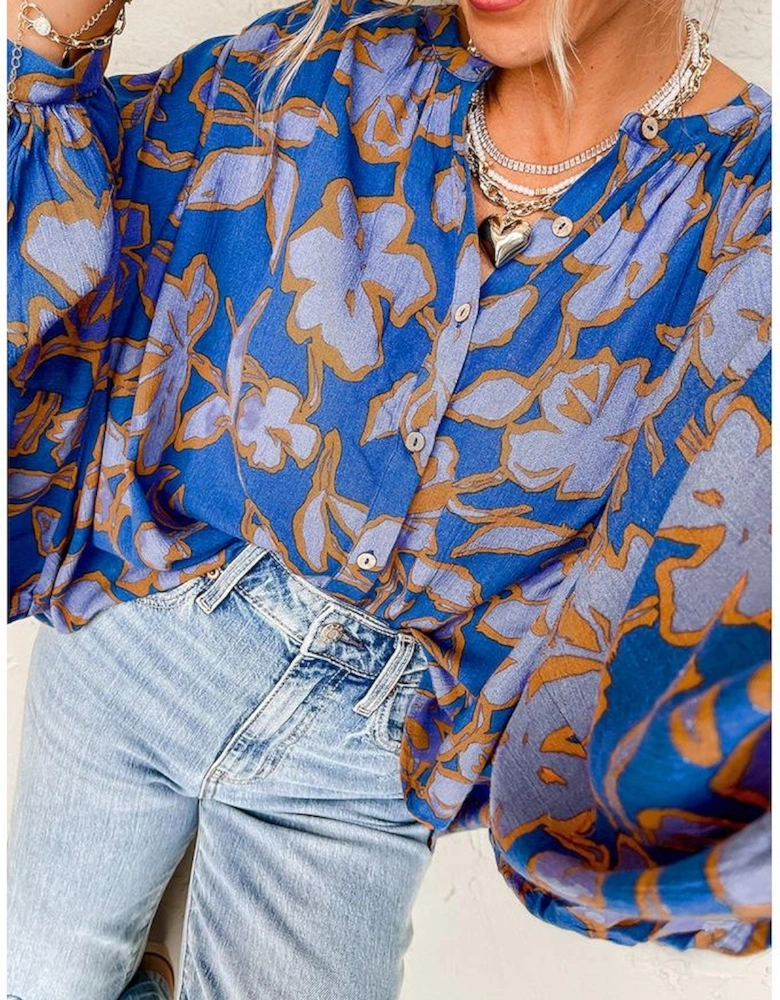 Blue Floral Print Batwing Sleeve Buttoned Loose Fit Shirt