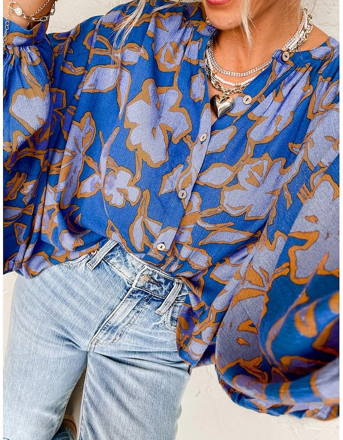 Blue Floral Print Batwing Sleeve Buttoned Loose Fit Shirt