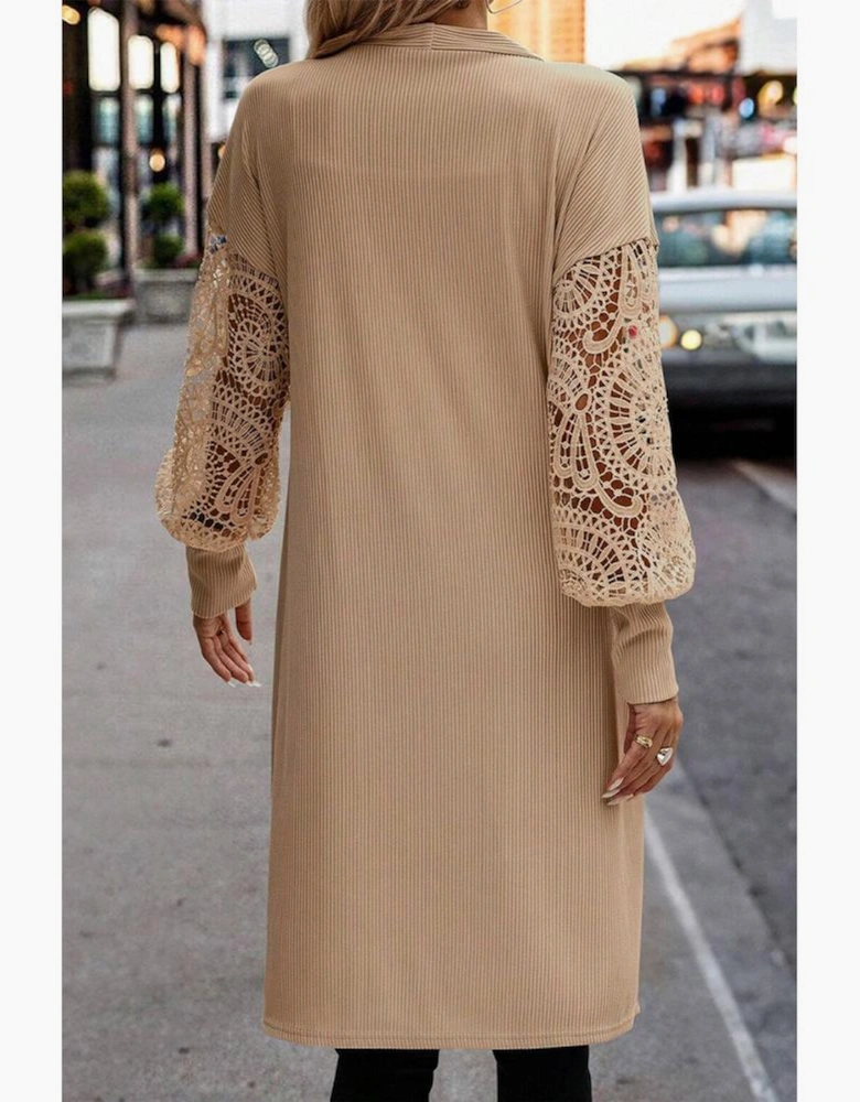 Parchment Lace Patchwork Ribbed Knit Open Front Duster Cardigan