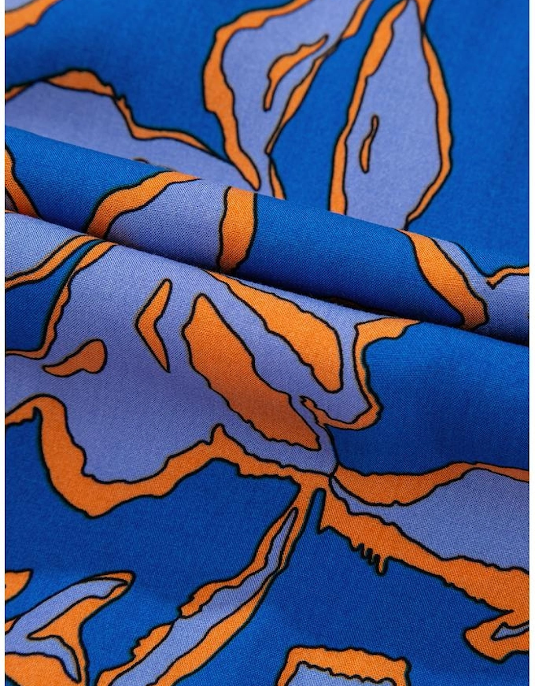 Blue Floral Print Batwing Sleeve Buttoned Loose Fit Shirt