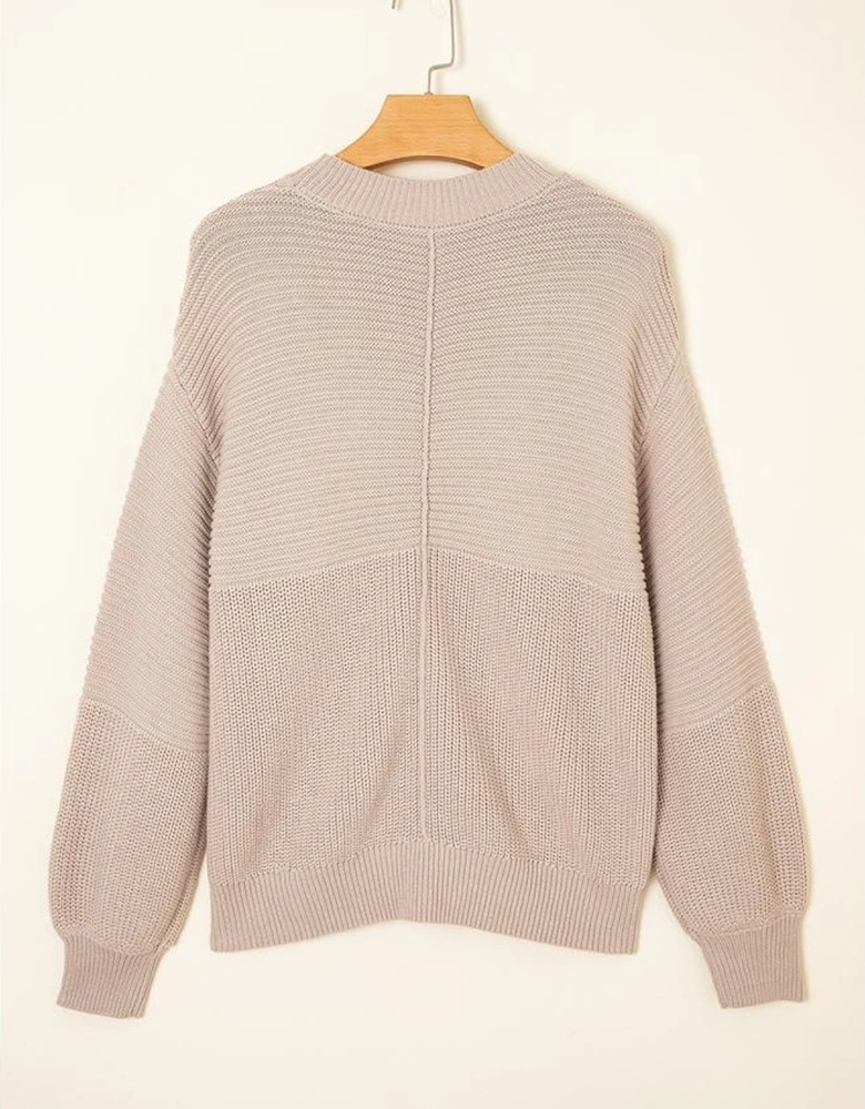 Parchment Mixed Texture Patchwork Knitted Puff Sleeve Sweater