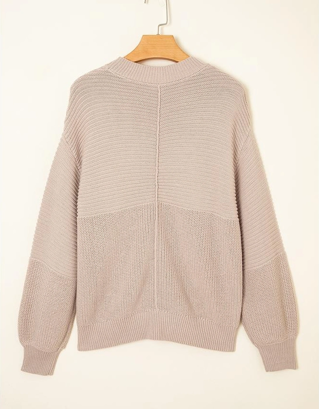 Parchment Mixed Texture Patchwork Knitted Puff Sleeve Sweater