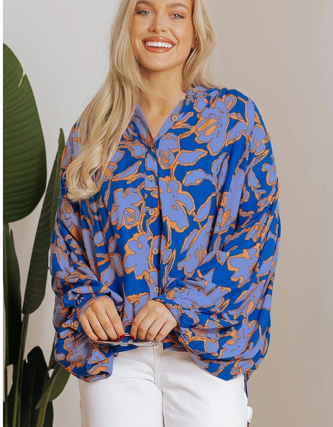 Blue Floral Print Batwing Sleeve Buttoned Loose Fit Shirt
