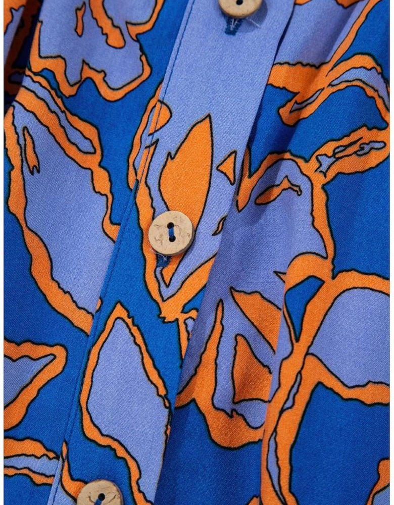 Blue Floral Print Batwing Sleeve Buttoned Loose Fit Shirt