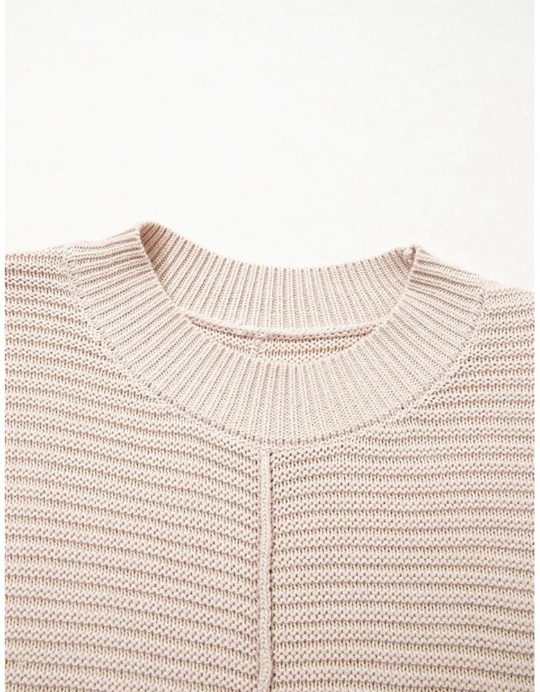 Parchment Mixed Texture Patchwork Knitted Puff Sleeve Sweater