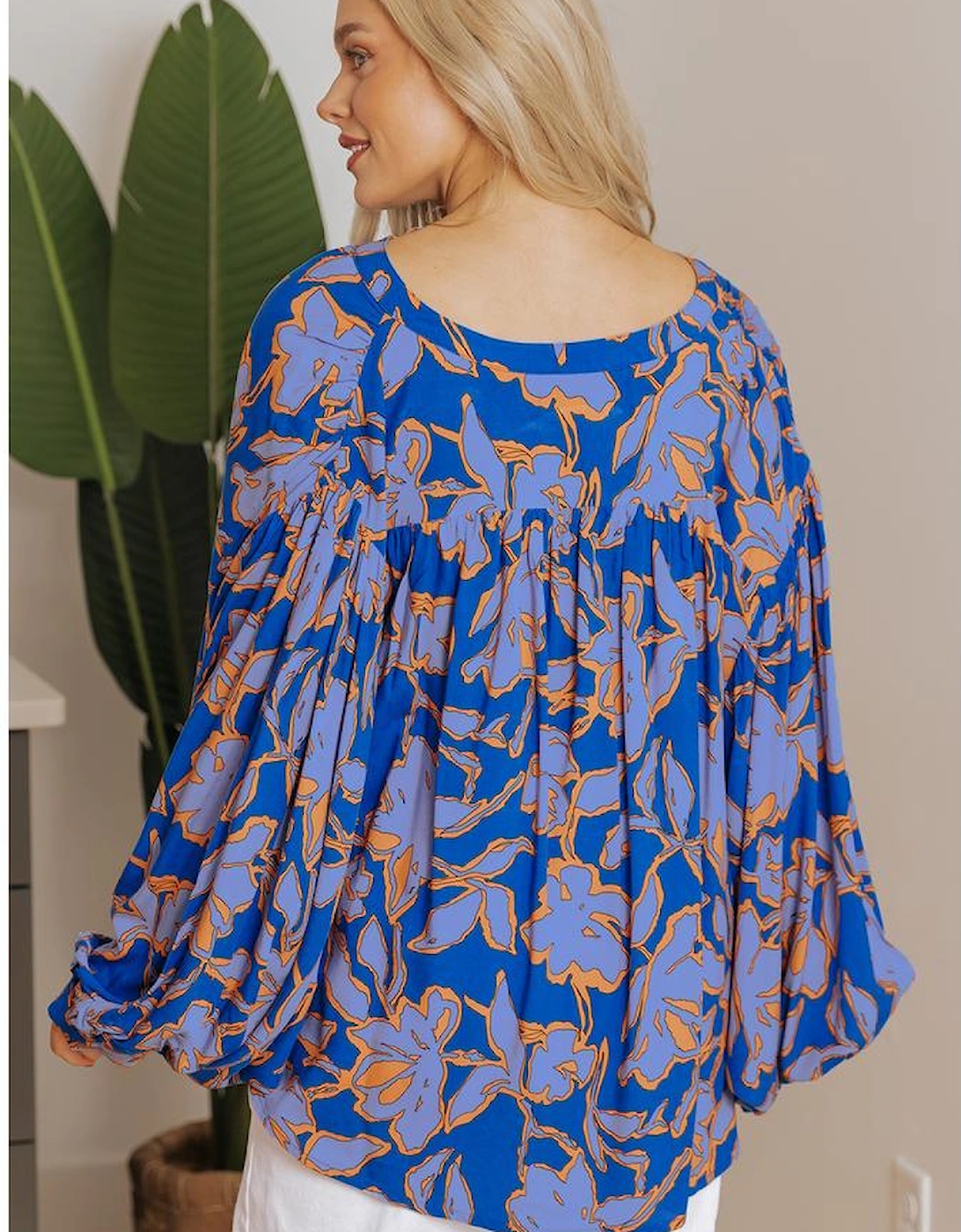 Blue Floral Print Batwing Sleeve Buttoned Loose Fit Shirt