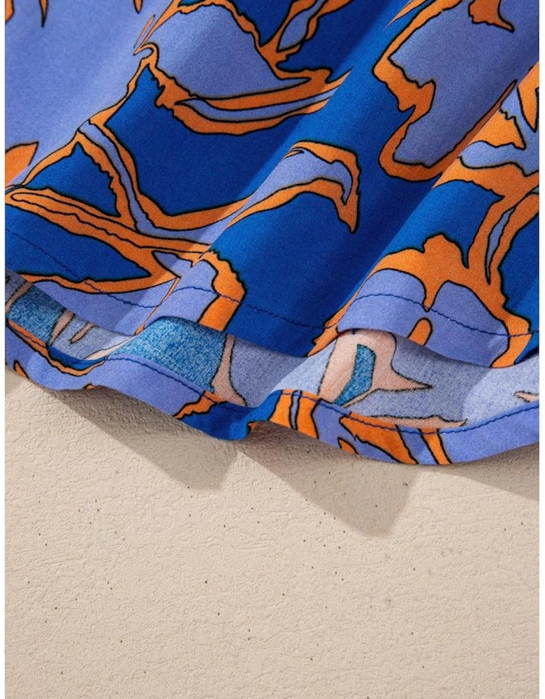 Blue Floral Print Batwing Sleeve Buttoned Loose Fit Shirt