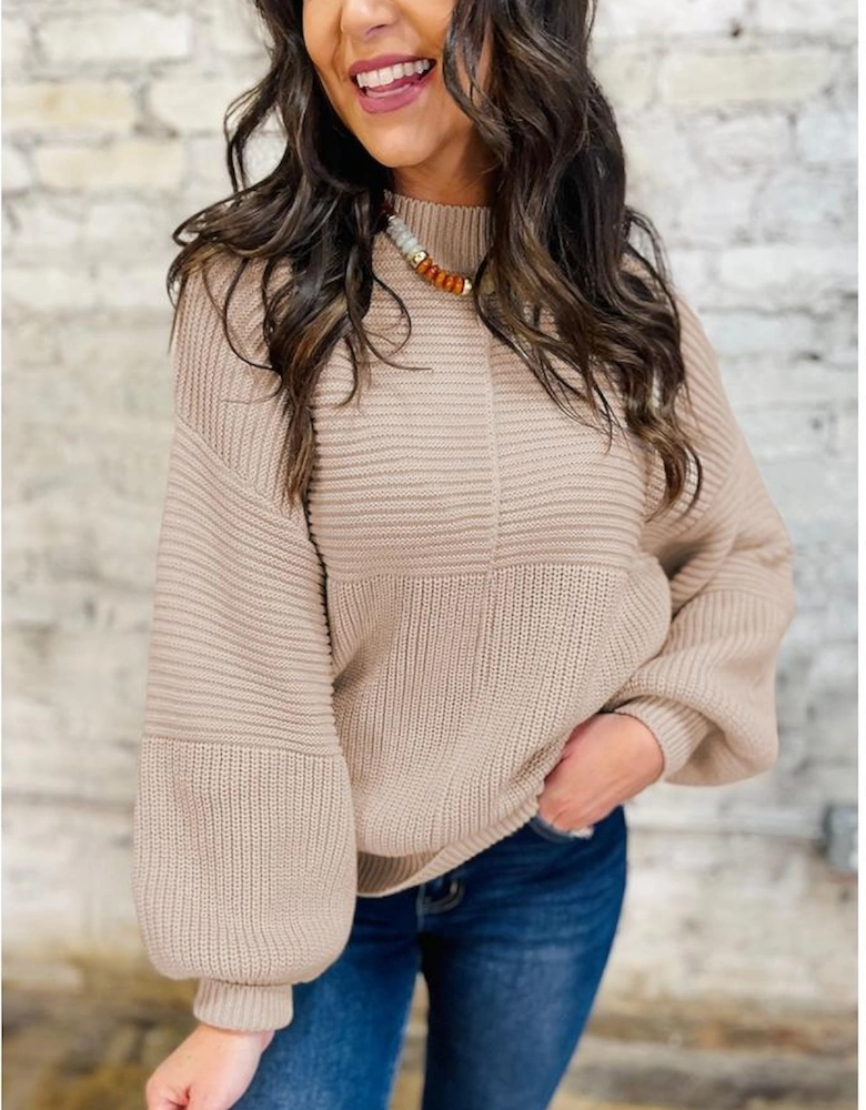 Parchment Mixed Texture Patchwork Knitted Puff Sleeve Sweater