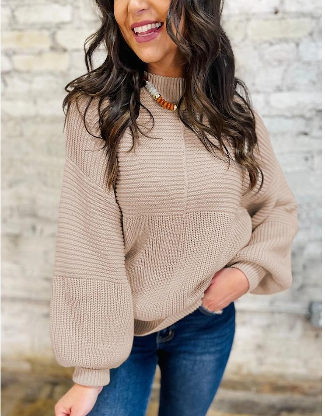 Parchment Mixed Texture Patchwork Knitted Puff Sleeve Sweater