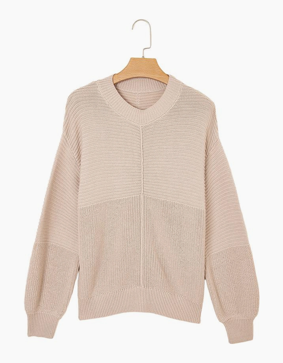 Parchment Mixed Texture Patchwork Knitted Puff Sleeve Sweater
