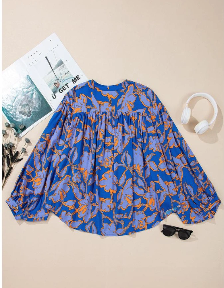 Blue Floral Print Batwing Sleeve Buttoned Loose Fit Shirt