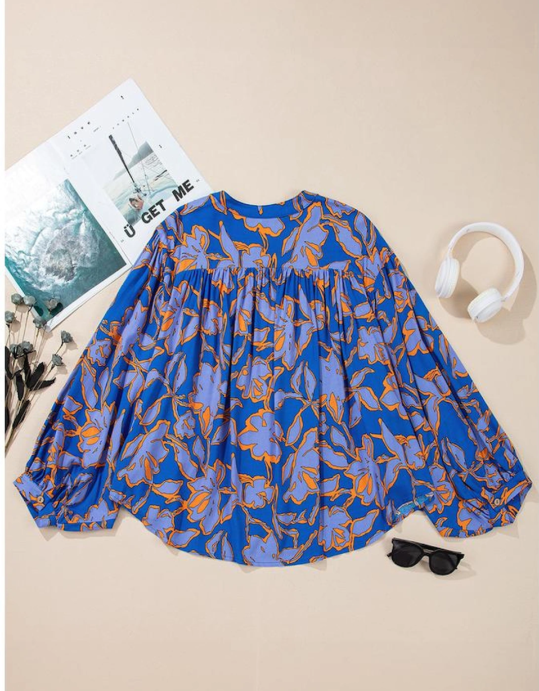 Blue Floral Print Batwing Sleeve Buttoned Loose Fit Shirt