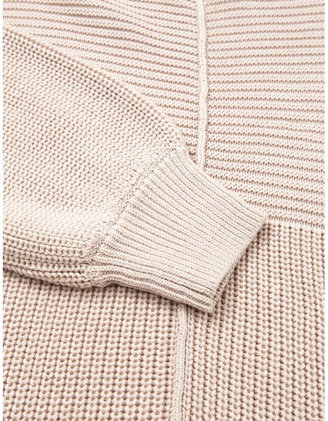 Parchment Mixed Texture Patchwork Knitted Puff Sleeve Sweater