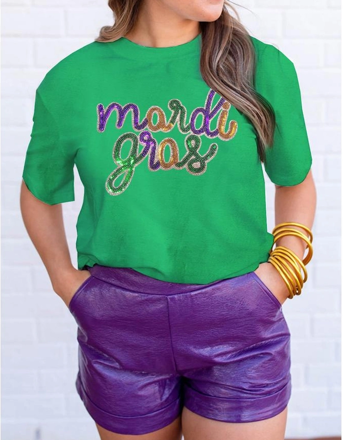 Bright Green Sequin mardi gras Graphic T Shirt, 4 of 3