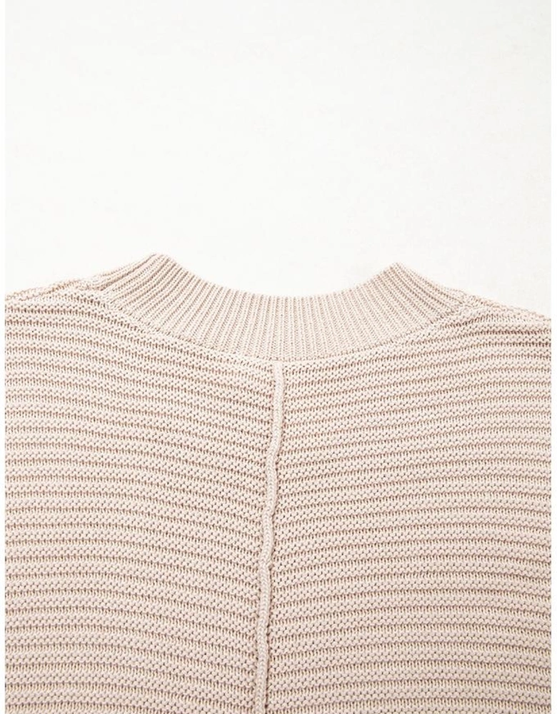 Parchment Mixed Texture Patchwork Knitted Puff Sleeve Sweater