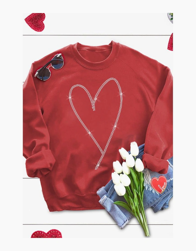 Red Rhinestone Heart Shaped Long Sleeve Sweatshirt