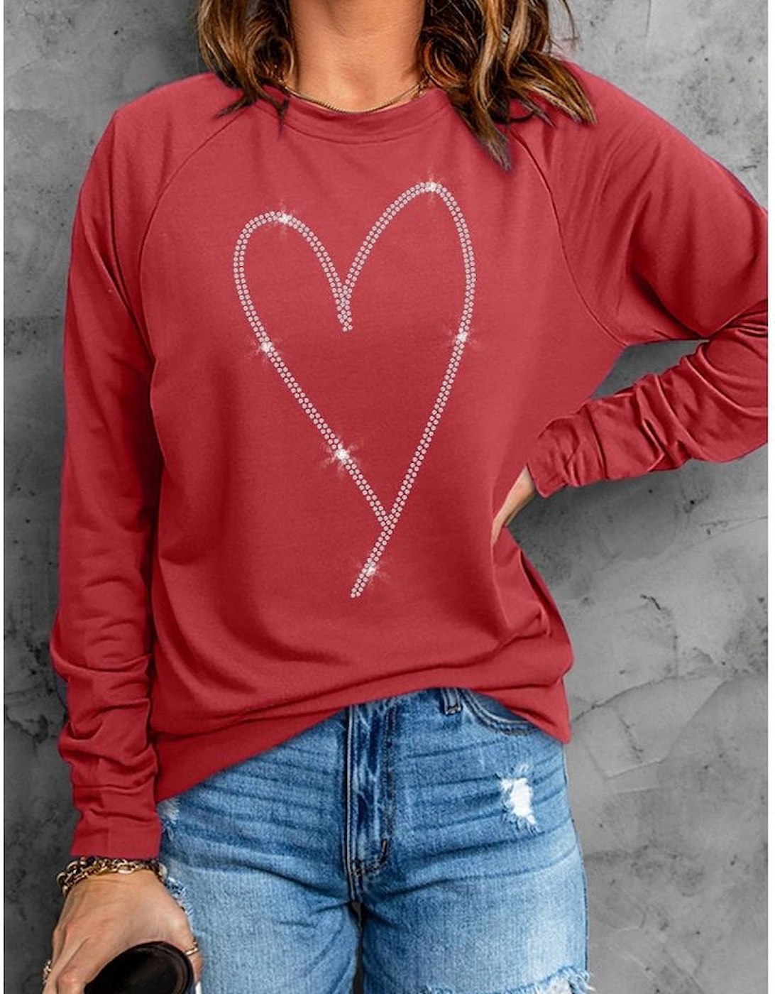 Red Rhinestone Heart Shaped Long Sleeve Sweatshirt